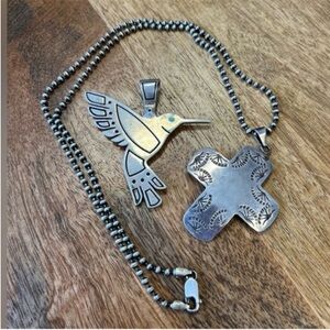 Sterling Silver Navajo Pearl Hummingbird Southwestern Cross Pendant Necklace